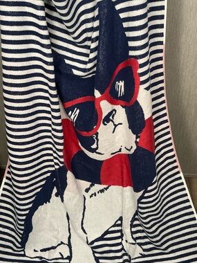 TWO- The Company Store Navy White and Red Striped Dog Beach Towel 70x40